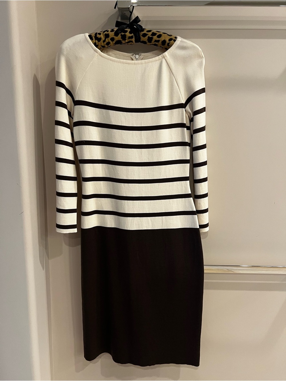 St. John Ivory and Brown Striped Long-Sleeve Knit Dress